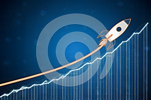 Rocket soaring above ascending graphical line on blue background symbolizes progress and advancement