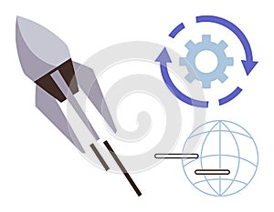 Rocket Launch with Gear and Globe Representing Innovation and Global Technological Progress