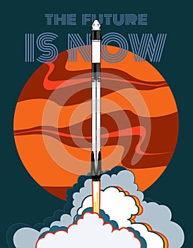 Rocket, space craft vector. 2019 March, 2 rocket launching. Vector poster spaceship Mars flame steam blue background