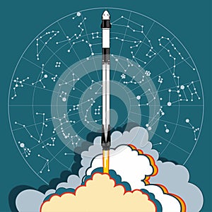 Rocket, space craft vector. 2019 March, 2 rocket launching. Vector poster spaceship star map flame steam blue background