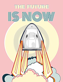 Rocket, space craft vector. 2019 March, 2 rocket launching. Vector poster spaceship, sun, flame, steam