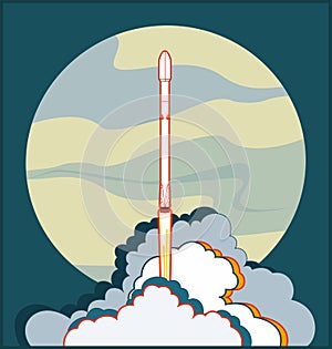 Rocket, space craft vector rocket launching. Vector poster spaceship. Yellow blue moon flame clouds steam space poster