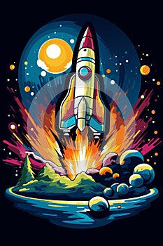 Rocket in space retro flat art design collage with stars, monochrome, cosmonautics day concept