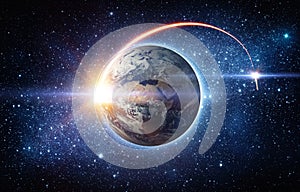 Rocket space ship launching from planet Earth and flying into outer space. Space exploration background. Elements of this image f