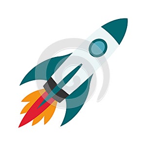 Rocket space ship. Space rocket launch with fire. Business start up concept