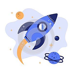 Rocket, space, stars and planets in Flat style, cartoon, doodle. Outer space concept illustration.