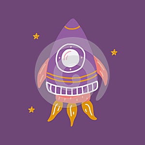 Rocket in space with stars, vector flat illustration in hand drawn style