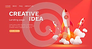 Rocket space startup, creative idea cover, landing page web site, Vector illustration