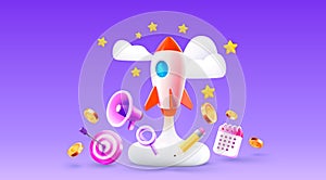 Rocket space startup, creative idea cover, management icons, Vector