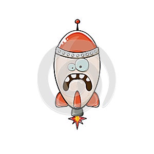 Rocket spaceship character. Cartoon space rocket isolated on white background. Funky spaceship and shuttle character photo