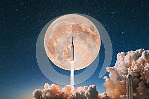 Rocket spaceship with smoke and blast takes off into the starry sky with a full moon. Start of the space lunar mission. Rocket