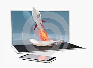 Rocket start computer notebook smart phone 3d-illustration