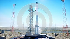 Rocket before the start. Space launch system. 3d rendering.