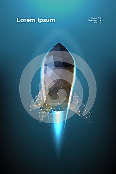 Rocket. Start Spaceship. Takeoff Spacecraft. Illustration is executed in the form of particles, geometric art
