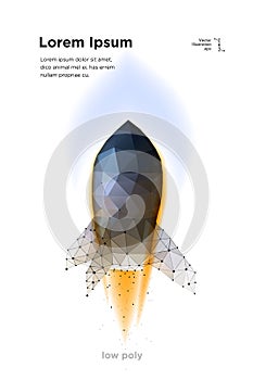 Rocket. Start Spaceship. Takeoff Spacecraft. Illustration is executed in the form of particles, geometric art, lines and points