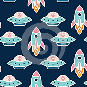 Rocket sticker pattern in turquoise and dark blue background photo