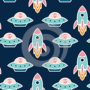 Rocket sticker pattern in turquoise and dark blue background