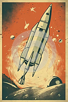 Rocket takeoff in retro style. Vintage space rocket start with fire and smoke. Generated AI.