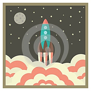 Rocket takes off at night and business startup concept in retro
