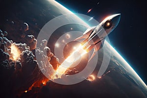 The rocket takes off in space above the Earth. AI generative