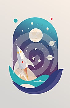 The rocket takes off into space the background of the moon, stars and planets. for the Cosmonautics Day. vector illustration