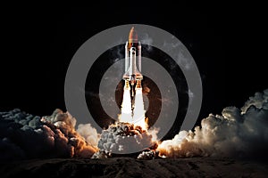 Rocket takes off into space. Mixed media. Mixed media. Mixed media, Rocket taking off to the moon on a black background, AI