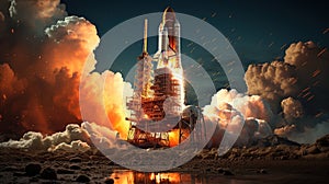 Rocket takes off in the starry sky