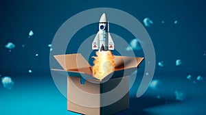 Rocket taking off from cardboard box on blue background, 3D illustration. Generative AI
