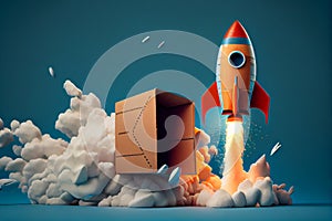 Rocket taking off from cardboard box.generative ai