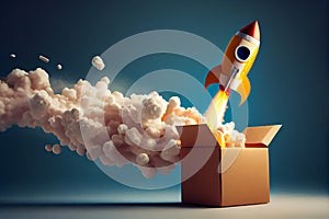 Rocket taking off from cardboard box.generative ai