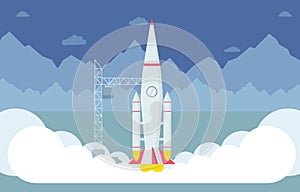 Rocket taking off flat vector illustration. Spaceship takeoff testing, space exploration program, interstellar