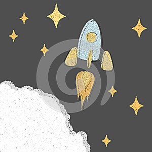 Rocket taking off retro style. The Stars Of The Sky. The concept of starting a business. Vector illustration.