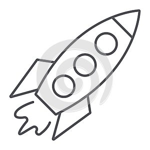 Rocket thin line icon, transportation and space, spaceship sign, vector graphics, a linear pattern on a white background