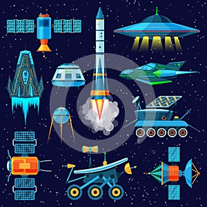 Rocket vector spaceship or spacecraft and satellite or lunar-rover illustration set of spaced ship in universe space