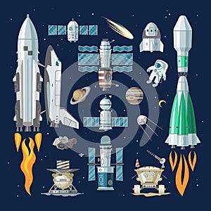 Rocket vector spaceship or spacecraft and satellite or lunar-rover illustration spacy set of spaced ship in universe