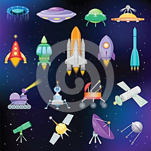 Rocket vector spaceship or spacecraft with satellite and spacy ufo illustration set of spaced ship or rocketship in