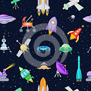 Rocket vector spaceship or spacecraft with satellite and spacy ufo illustration set of spaced ship or rocketship in