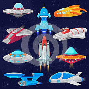 Rocket vector spaceship or spacecraft and spacy ufo illustration set of spaced ship or rocketship in universe space