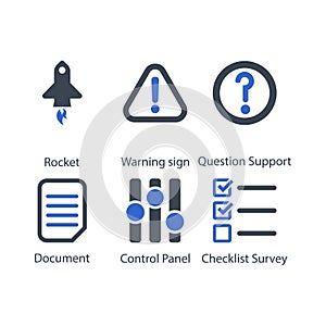 Rocket, Warning sign, Question Support, Document, Control Panel, Checklist Survey, icon
