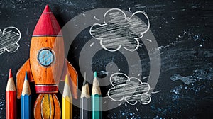 Rocketing Towards Success: Startup Concept Sketch on Blackboard with Colorful Pencils for Back to School