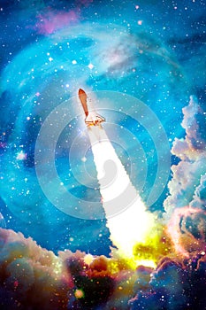 Rockets launch into space on the starry sky. spacecraft flies into space with clouds of smoke. Elements of this image furnished by