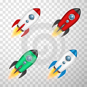 Rockets multicolor metal with circular portholes realistic set. Flying spacecrafts  spaceships
