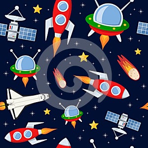 Rockets Satellites Stars Seamless Pattern