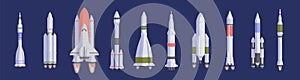 Rockets and spaceships flat vector illustrations set. Space shuttles for universe exploration and interstellar travel