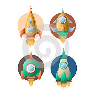 Rockets or spaceships retro cartoon vector flat icons