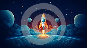 Rocketship flying in space, illustration