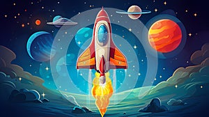 Rocketship flying in space, illustration