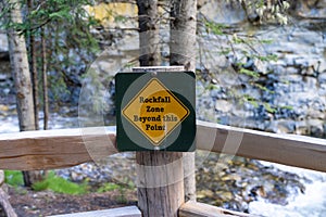 Rockfall Zone Beyond This Point sign at Troll Falls in Kananaskis Country Alberta Canada