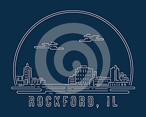 Rockford, Illinois - Cityscape with white abstract line corner curve modern style on dark blue background, building skyline city