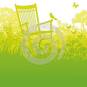 Rocking chair in an overgrown garden